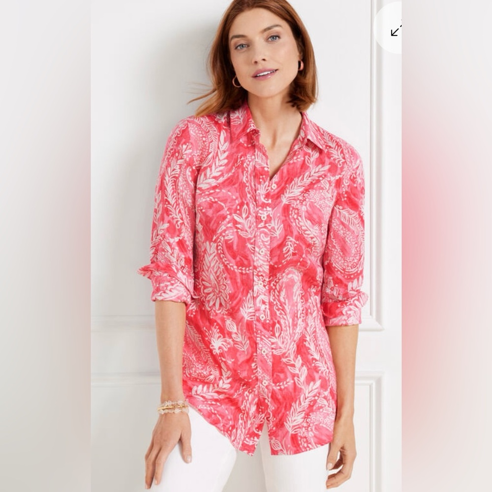 NWT, Talbots Linen Boyfriend Shirt - Brushed Paisley, Sz Petite Lg